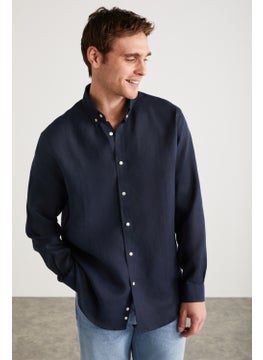 GRIMELANGE Brice Men's 100% Linen Fabric Flowy Navy Blue Shirt  - Image 5