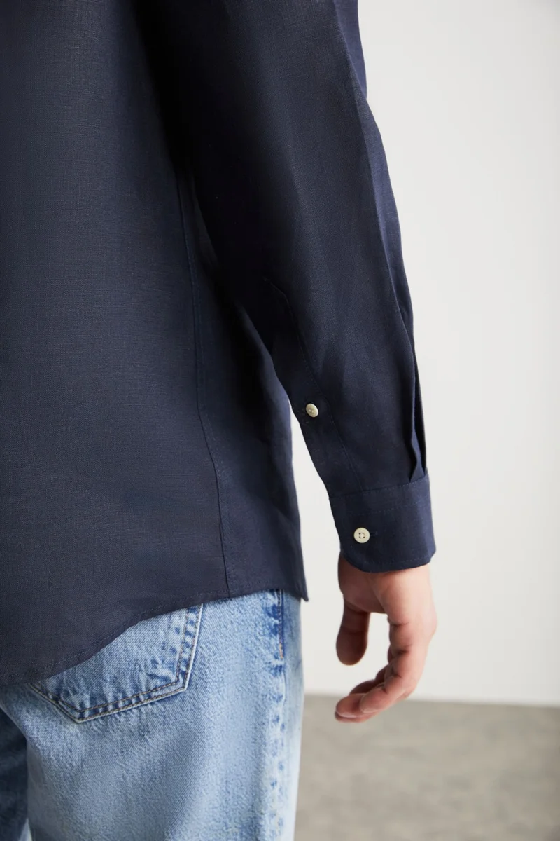 GRIMELANGE Brice Men's 100% Linen Fabric Flowy Navy Blue Shirt
