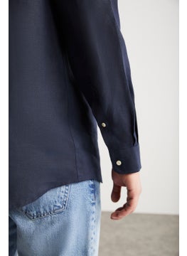 GRIMELANGE Brice Men's 100% Linen Fabric Flowy Navy Blue Shirt  - Image 3