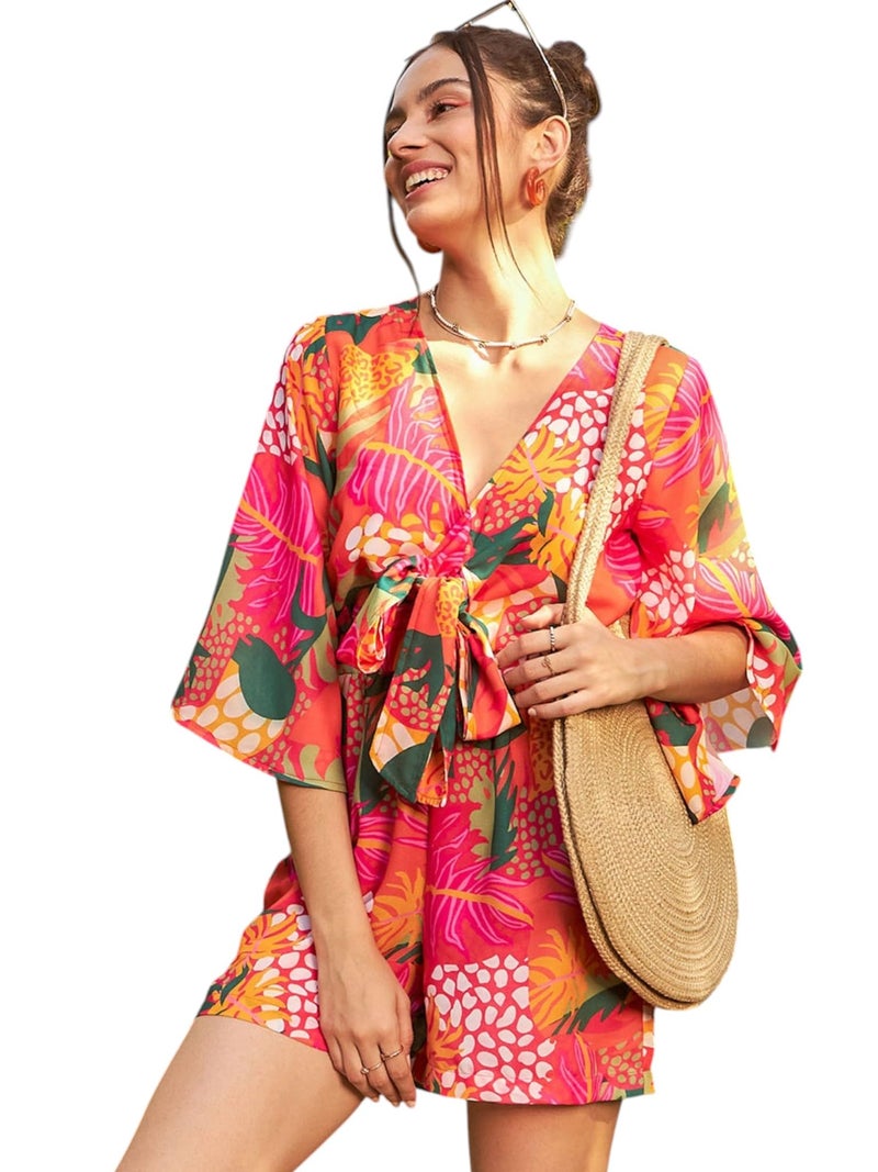 SASSAFRAS Women's Orange Floral Front Tie Knot Playsuit-XXL - Image 1