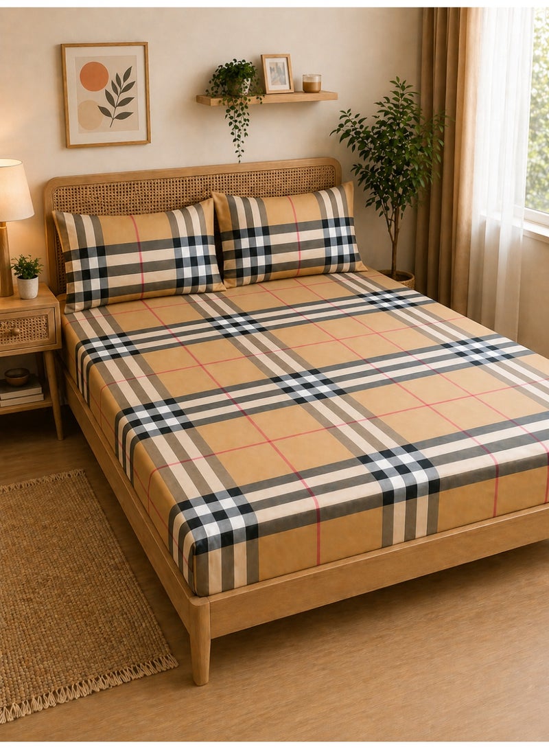 Eworld 3-Piece Fitted Bedsheet Set, Tartan Plaid / Check Pattern, 100% Cotton, 125 GSM, 1 Fitted Sheet + 2 Pillowcases – Available in King, Queen and Single Sizes - Image 1