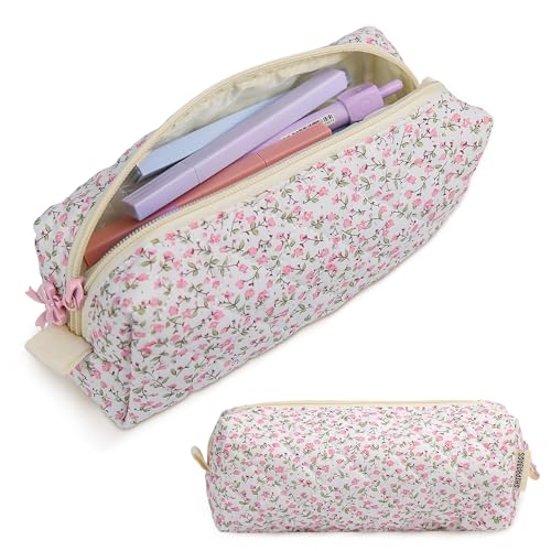 shiprabags Cute Quilted Pencil Case for Girls Women, Aesthetic Small Floral Pencil Pouch,Slim Soft Pencil Bag for School Supplies Makeup Pouch for School & Daily Use (pink floral) - Image 1