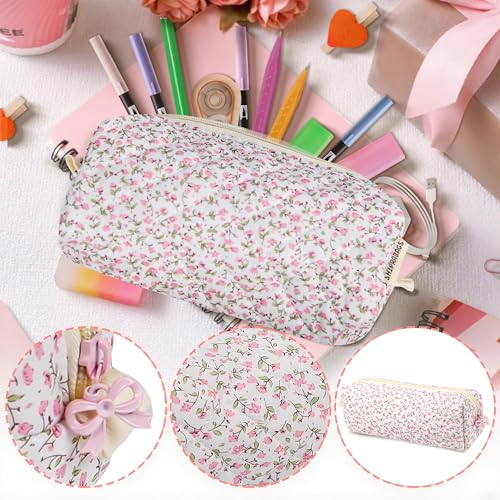 shiprabags Cute Quilted Pencil Case for Girls Women, Aesthetic Small Floral Pencil Pouch,Slim Soft Pencil Bag for School Supplies Makeup Pouch for School & Daily Use (pink floral) - Image 3