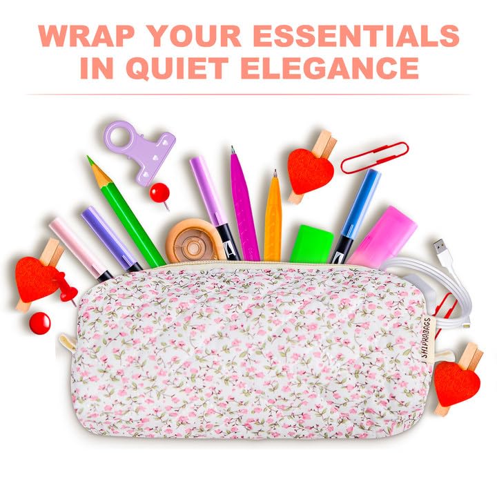 shiprabags Cute Quilted Pencil Case for Girls Women, Aesthetic Small Floral Pencil Pouch,Slim Soft Pencil Bag for School Supplies Makeup Pouch for School & Daily Use (pink floral) - Image 4