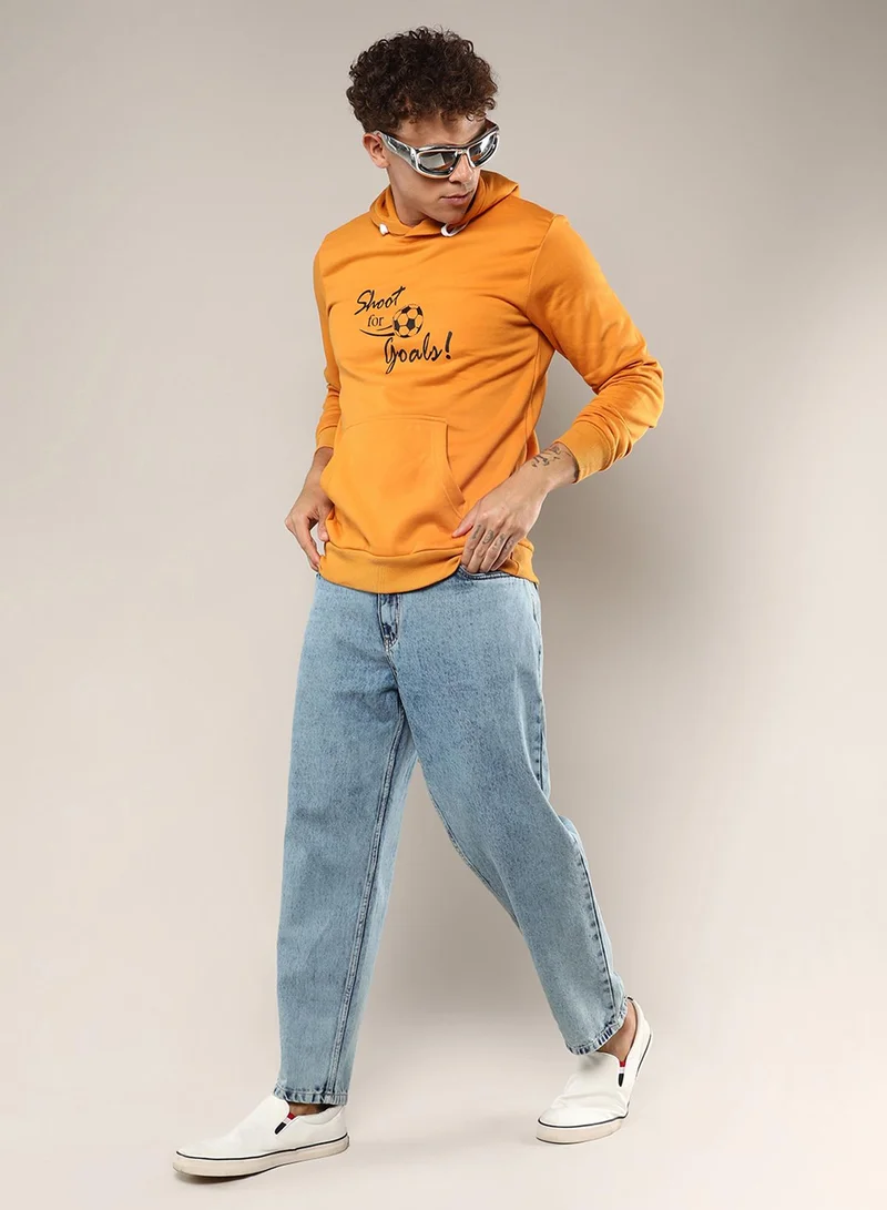 Campus Sutra Men's Mustard Yellow Shoot For Goals Hoodie With Kangaroo Pocket