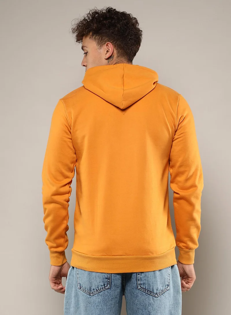 Campus Sutra Men's Mustard Yellow Shoot For Goals Hoodie With Kangaroo Pocket