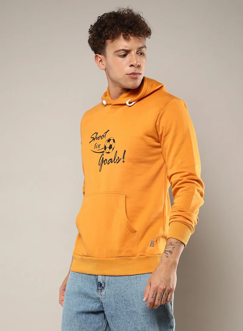 Campus Sutra Men's Mustard Yellow Shoot For Goals Hoodie With Kangaroo Pocket