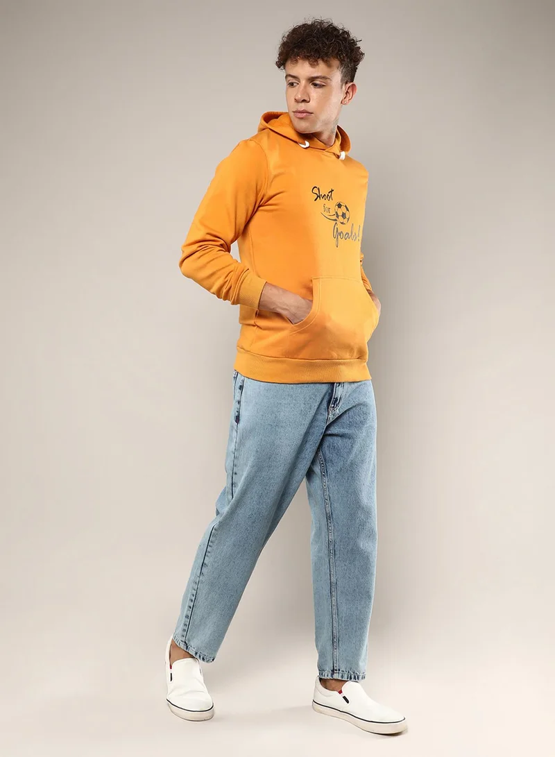 Campus Sutra Men's Mustard Yellow Shoot For Goals Hoodie With Kangaroo Pocket