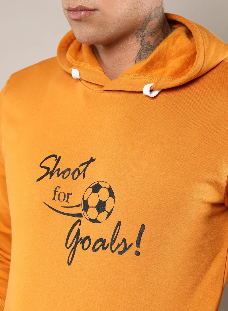 Campus Sutra Men's Mustard Yellow Shoot For Goals Hoodie With Kangaroo Pocket