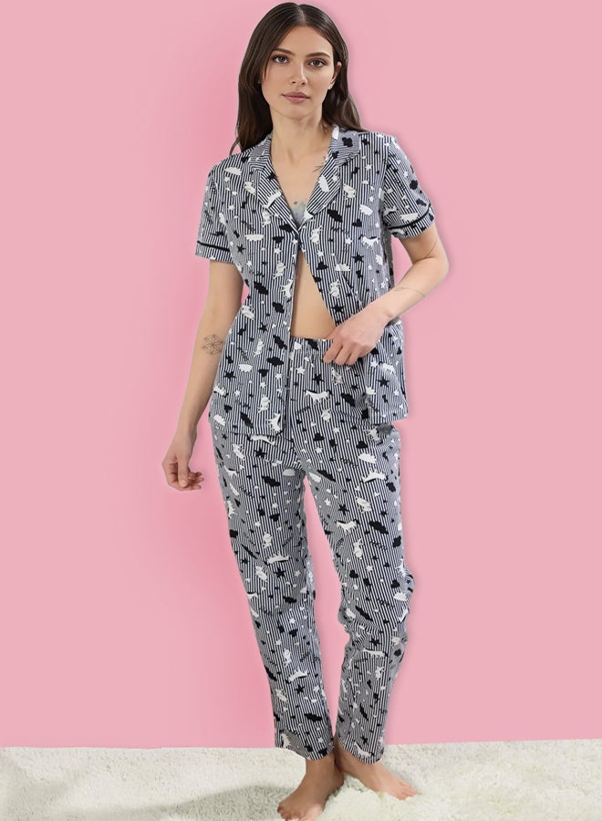 trendyol Navy Blue 100% Cotton Fun Patterned Piping Knitted Pajama Set  - Image 1