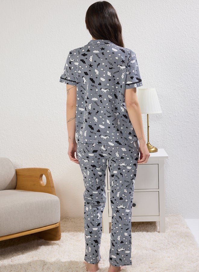 trendyol Navy Blue 100% Cotton Fun Patterned Piping Knitted Pajama Set  - Image 5