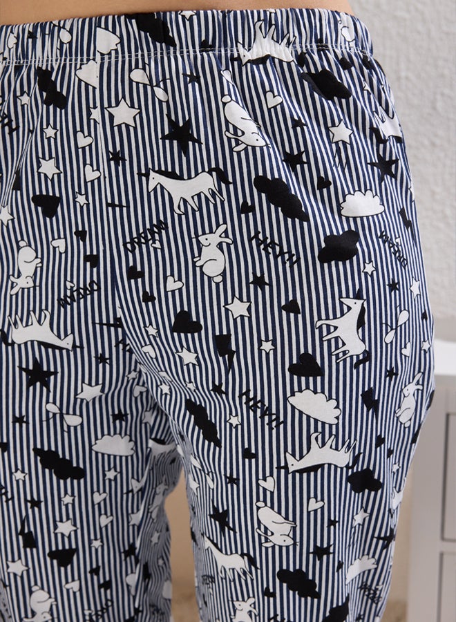 trendyol Navy Blue 100% Cotton Fun Patterned Piping Knitted Pajama Set  - Image 4