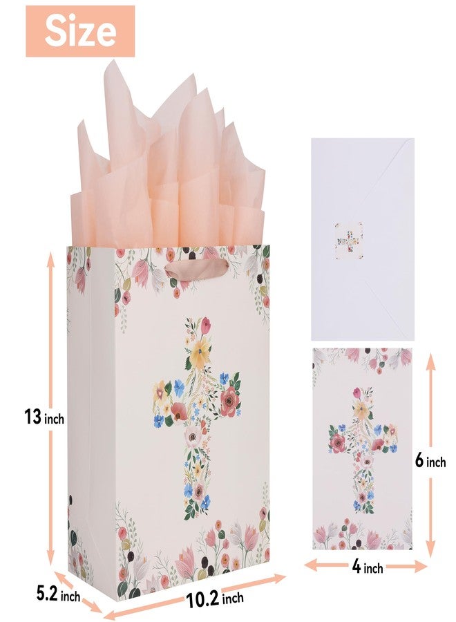 Qirrmiy 13" Large Light Yellow Floral Gift Bag Set with Greeting Card and Tissue Papers for First Communions, Baby Girl Baptisms, Christenings, Religious Occasions - 10.2'x5.2'x13', 1 Pcs. - Image 2