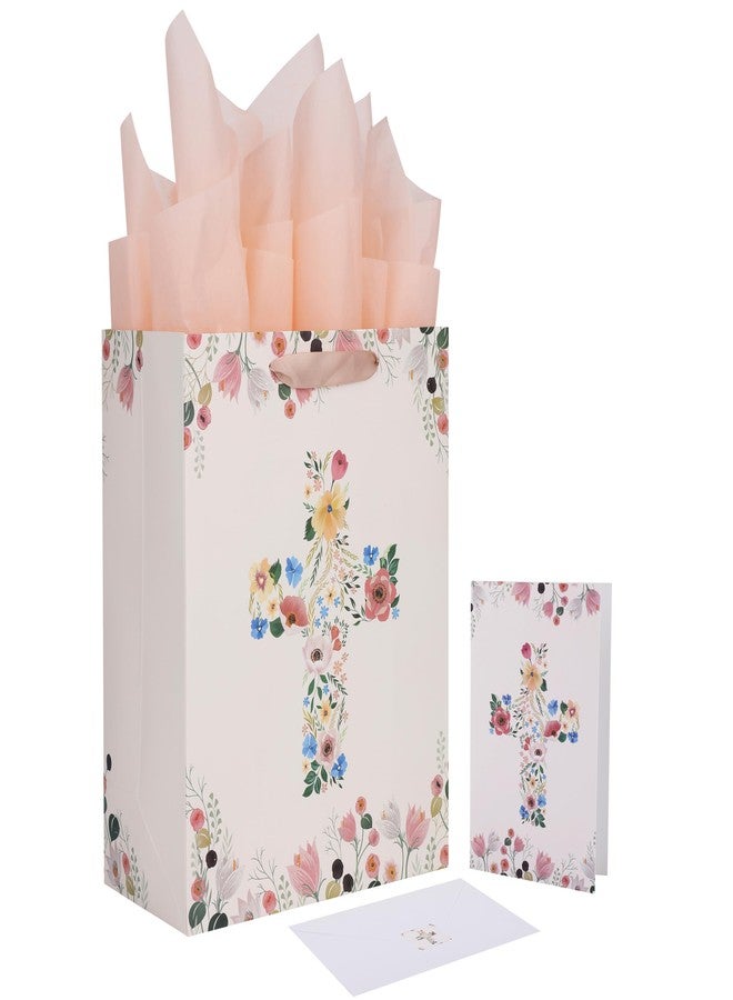 Qirrmiy 13" Large Light Yellow Floral Gift Bag Set with Greeting Card and Tissue Papers for First Communions, Baby Girl Baptisms, Christenings, Religious Occasions - 10.2'x5.2'x13', 1 Pcs. - Image 1