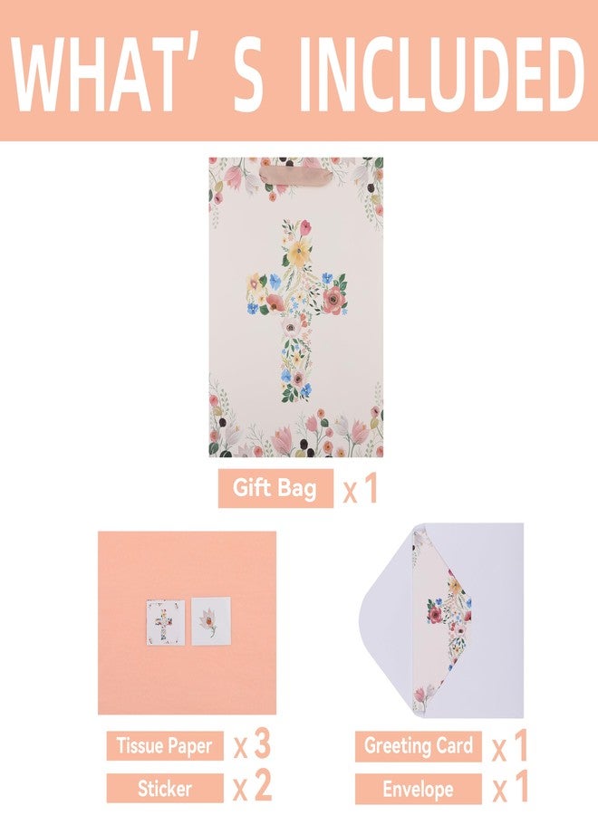 Qirrmiy 13" Large Light Yellow Floral Gift Bag Set with Greeting Card and Tissue Papers for First Communions, Baby Girl Baptisms, Christenings, Religious Occasions - 10.2'x5.2'x13', 1 Pcs. - Image 3