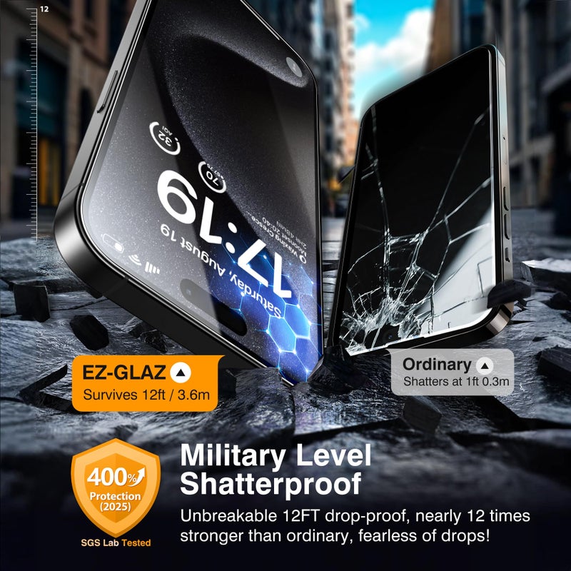 EZ-GLAZ- 4 Pack for iPhone 15 Pro Max Screen Protector [6.7"] With 2 Pack Camera Lens Protector, 9H+ Hardness 12FT Military Grade Shatterproof Scratch Resistant Durable Tempered Glass Film with Flawless Fit Kit, HD Clear - Image 5