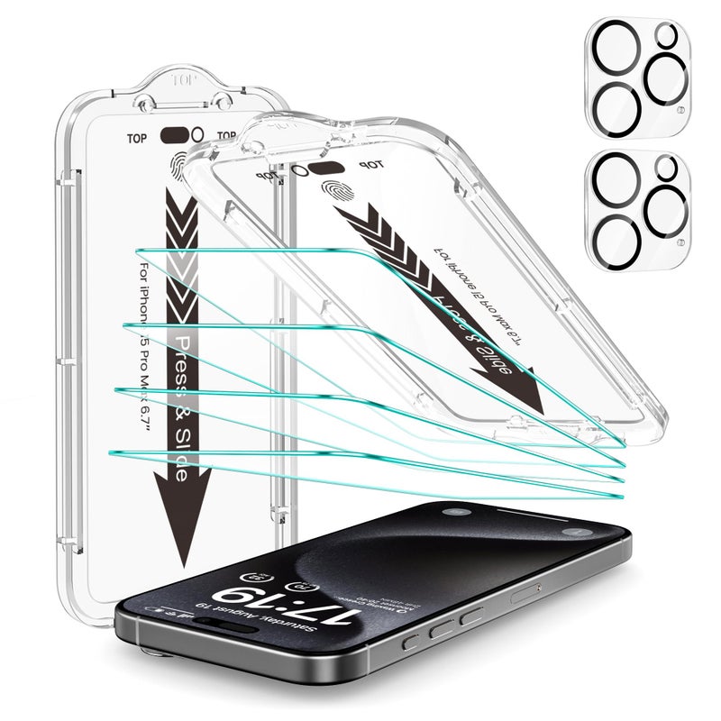 EZ-GLAZ- 4 Pack for iPhone 15 Pro Max Screen Protector [6.7"] With 2 Pack Camera Lens Protector, 9H+ Hardness 12FT Military Grade Shatterproof Scratch Resistant Durable Tempered Glass Film with Flawless Fit Kit, HD Clear - Image 1