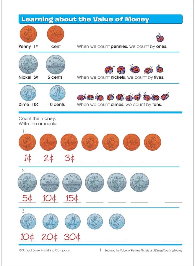 School Zone - Time, Money & Fractions 1-2 Canadian Edition Deluxe Workbook, Ages 6 to 7, Counting Coins, Telling Time, Fractions, Identifying Equal Parts, and More - Image 3