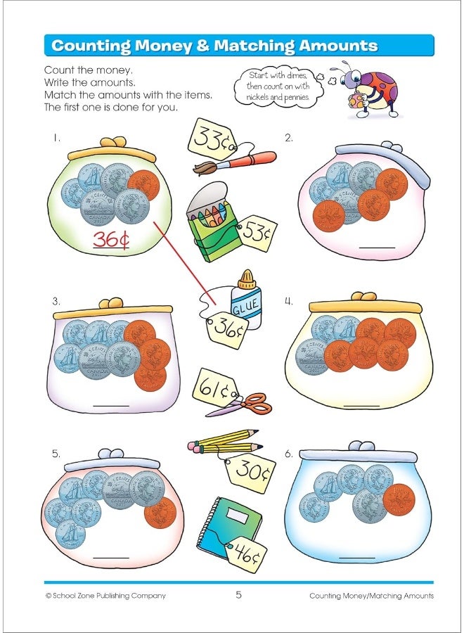 School Zone - Time, Money & Fractions 1-2 Canadian Edition Deluxe Workbook, Ages 6 to 7, Counting Coins, Telling Time, Fractions, Identifying Equal Parts, and More - Image 4
