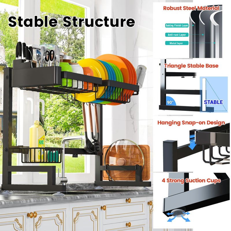 ADBIU Fit Sink 24.5"- 35.5" L Over Sink Dish Drying Rack (Expandable Dimension) Snap-On Design 2 Tier Large Kitchen Dish Rack Stainless Steel Counter Organization and Storage - Image 4