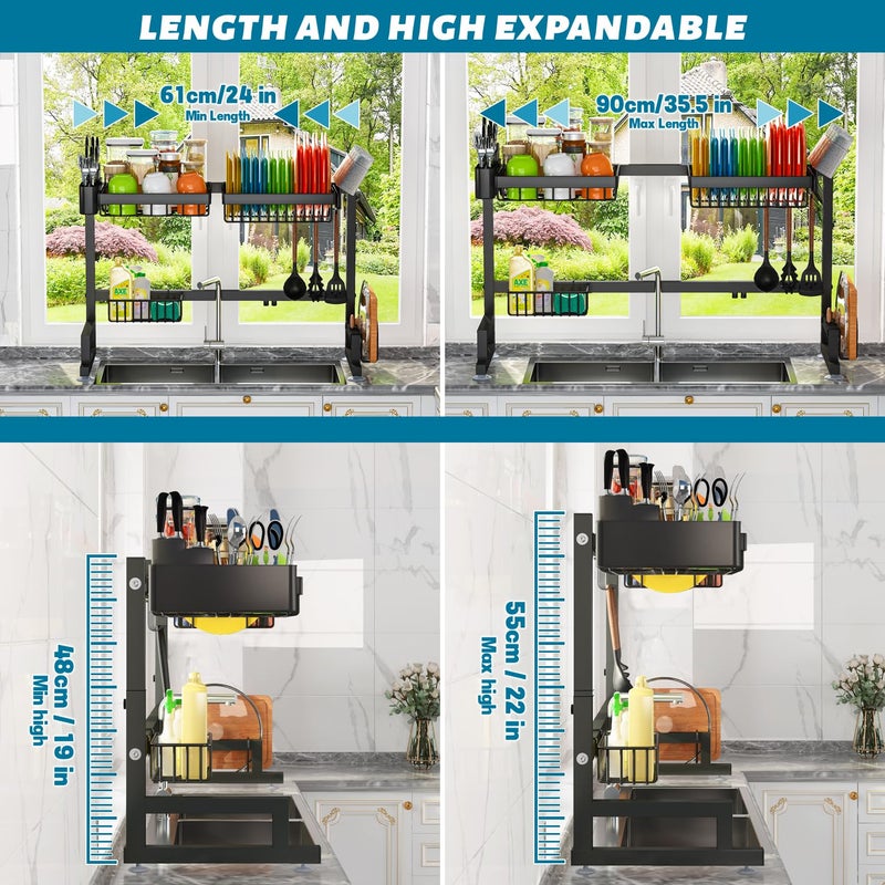 ADBIU Fit Sink 24.5"- 35.5" L Over Sink Dish Drying Rack (Expandable Dimension) Snap-On Design 2 Tier Large Kitchen Dish Rack Stainless Steel Counter Organization and Storage - Image 5