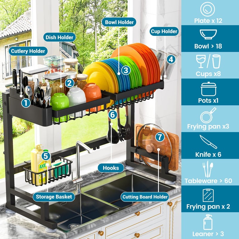 ADBIU Fit Sink 24.5"- 35.5" L Over Sink Dish Drying Rack (Expandable Dimension) Snap-On Design 2 Tier Large Kitchen Dish Rack Stainless Steel Counter Organization and Storage - Image 2
