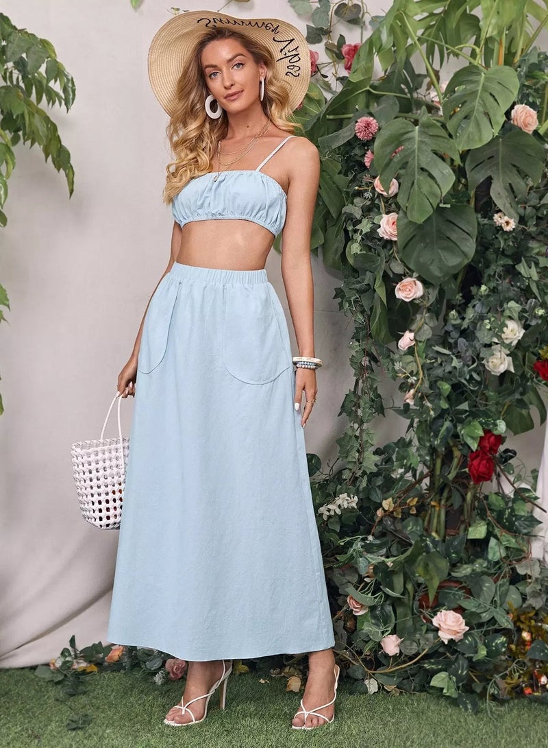 Solid Crop Ruched Cami Top and Skirt Set 
