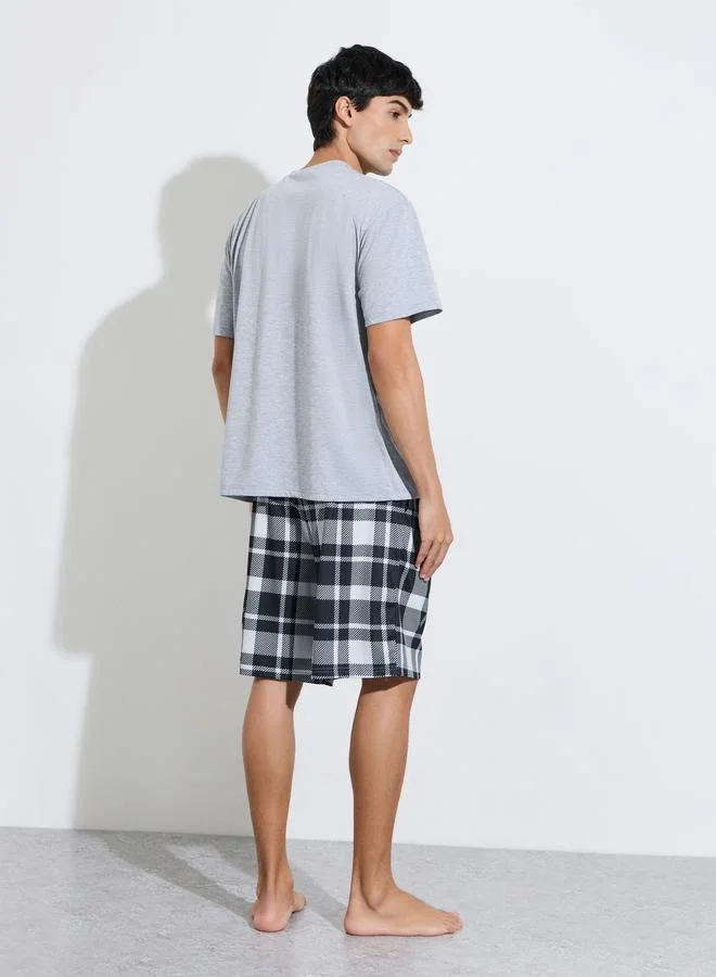 Styli  Grey Slogan Print T-Shirt and Checked Shorts Pyjama Set for Men | Best Price UAE