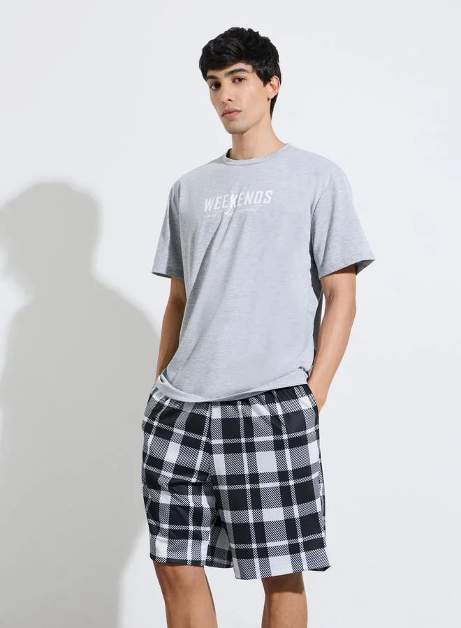 Styli  Grey Slogan Print T-Shirt and Checked Shorts Pyjama Set for Men | Best Price UAE