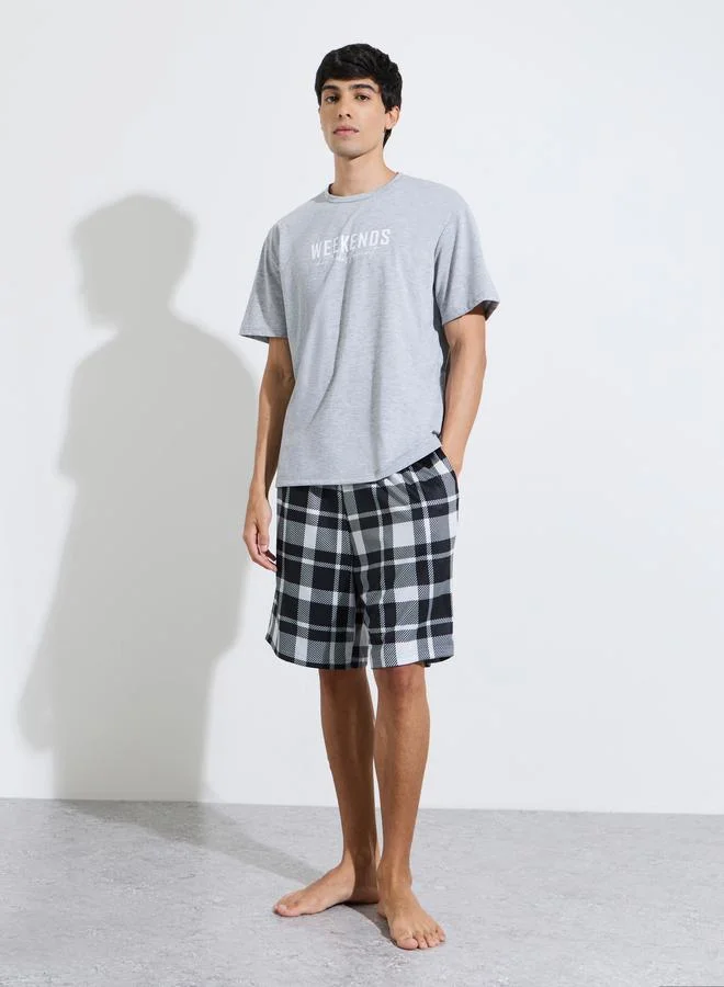 Grey Slogan Print T-Shirt and Checked Shorts Pyjama Set