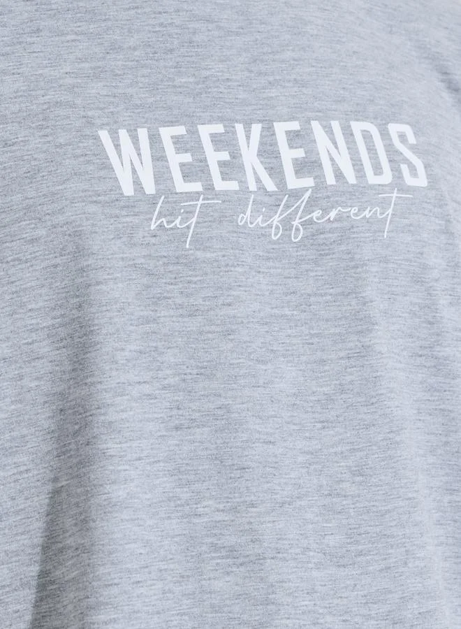 Styli  Grey Slogan Print T-Shirt and Checked Shorts Pyjama Set for Men | Best Price UAE