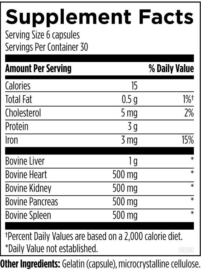 designs for health - Organ Synergy Bovine Organ Supplements 100% Grassfed Beef Organs With Liver Heart Pancreas Kidney + Spleen (180 Capsules / 30 Servings) - Image 1