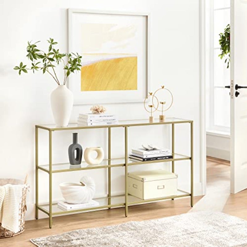 طاولة كونسول LGT024A01 بثلاثة طوابق مع أرفف زجاج مقوى 130 × 30 × 73 سم إطار معدني حديث للممر غرفة المعيشة غرفة النوم لون ذهبي - Image 2