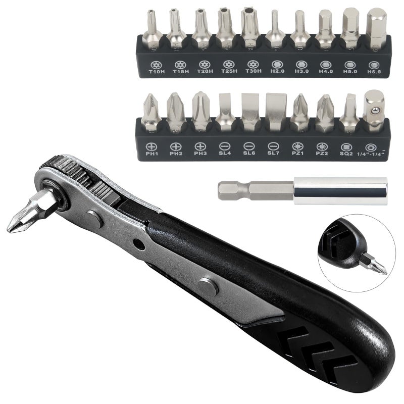 STREBITO Mini Ratchet Set 22Piece 14 Ratchet Right Angle Screwdriver 36Tooth Small Ratcheting Wrench Bit Ratchet For Tight Spaces with Phillips Slotted Torx Hex Square and Adapter for Socket