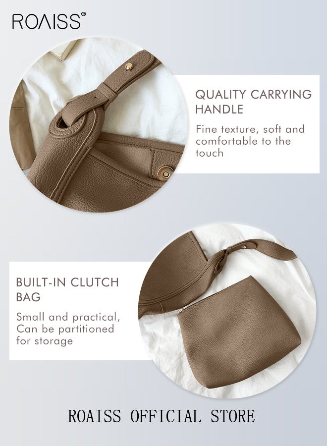 roaiss Large-Capacity Bucket Bag for Women Can Be Used As A Cross-Body Bag Fashionable and Versatile Retro Casual Soft Leather Separate Ipped Bag Inside - Image 5