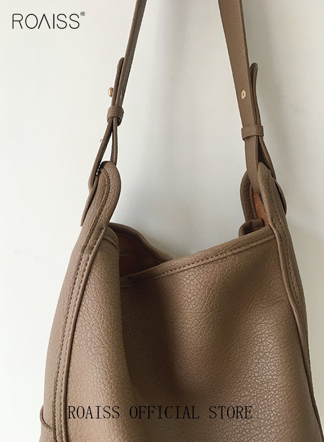 roaiss Large-Capacity Bucket Bag for Women Can Be Used As A Cross-Body Bag Fashionable and Versatile Retro Casual Soft Leather Separate Ipped Bag Inside - Image 4