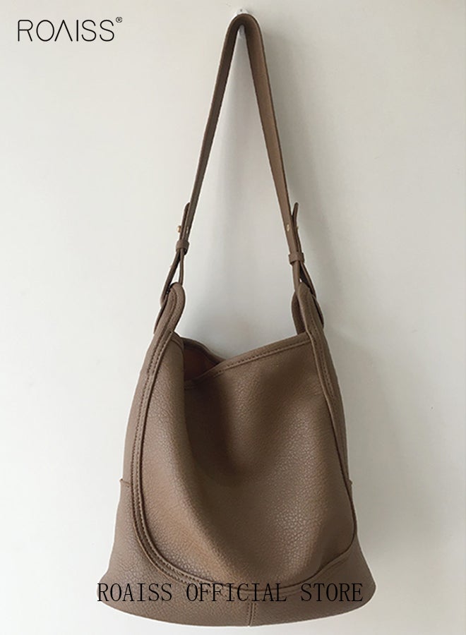 roaiss Large-Capacity Bucket Bag for Women Can Be Used As A Cross-Body Bag Fashionable and Versatile Retro Casual Soft Leather Separate Ipped Bag Inside - Image 3
