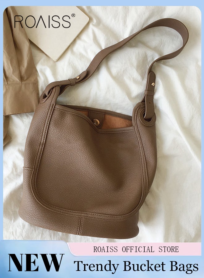 roaiss Large-Capacity Bucket Bag for Women Can Be Used As A Cross-Body Bag Fashionable and Versatile Retro Casual Soft Leather Separate Ipped Bag Inside - Image 1