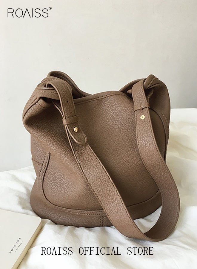 roaiss Large-Capacity Bucket Bag for Women Can Be Used As A Cross-Body Bag Fashionable and Versatile Retro Casual Soft Leather Separate Ipped Bag Inside - Image 2