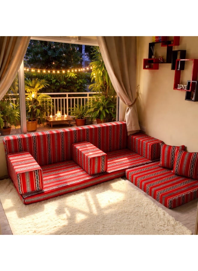 اكس بوت طقم جلوس مجلس عربي أرضي، بنقشة مخططة باللون الأحمر، بتصميم تقليدي، مناسب للاستخدام الخارجي في الفناء أو الحديقة. - Image 2