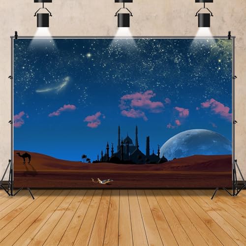 AOFOTO 7x5ft Magic Aladdin's Genie Lamp in Desert Backdrop Fantasy Arabian Theme Starry Sky Night Stars Mosque Background for Photography Wish Mysterious Luck Mythology Fairy Tale Photoshoot Props - Image 5