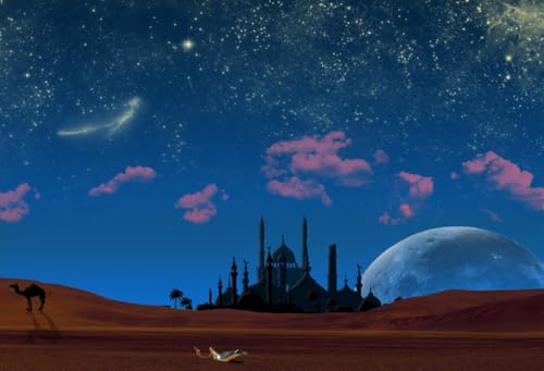 AOFOTO 7x5ft Magic Aladdin's Genie Lamp in Desert Backdrop Fantasy Arabian Theme Starry Sky Night Stars Mosque Background for Photography Wish Mysterious Luck Mythology Fairy Tale Photoshoot Props - Image 1