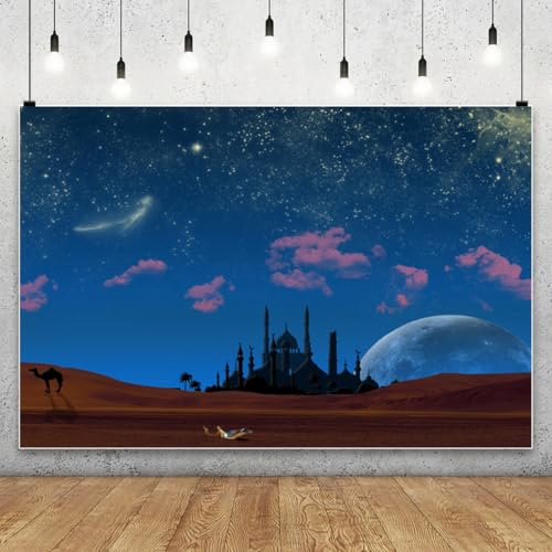 AOFOTO 7x5ft Magic Aladdin's Genie Lamp in Desert Backdrop Fantasy Arabian Theme Starry Sky Night Stars Mosque Background for Photography Wish Mysterious Luck Mythology Fairy Tale Photoshoot Props - Image 2