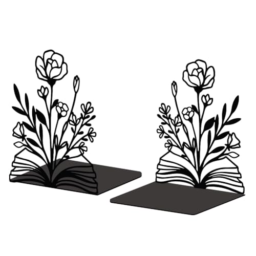 Peacoblue Metal Bookends for Shelves, Modern Decorative Heavy Duty Study Book Support Stoppers for Office, Desk, Shelf, Room 5.3"x4.3"x7.9" Cast Iron Simple Tall Bookends, 1 Pair (Books and Flowers) - Image 1