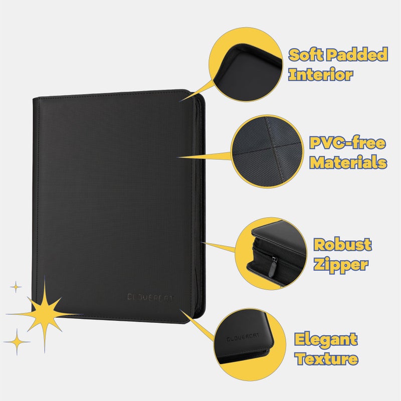 CLOVERCAT 9-Pocket Toploader Binder, Clovecat Premium Card Bookï¼Œ Holds 252 Trading Card with 20 Removable Top-loader Sleevesï¼ŒPU Card Holder Folders,Card Album for MTG, TCG, Yugioh, Game & Sports Cards(Black) - Image 4