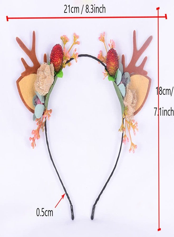 QUUPY Christmas Deer Antlers Flower Berry Headband Crown Floral Headband Christmas Boho Headdress Party Headwear Hair Hoop Christmas Hair Accessories for Women Girls - Image 2