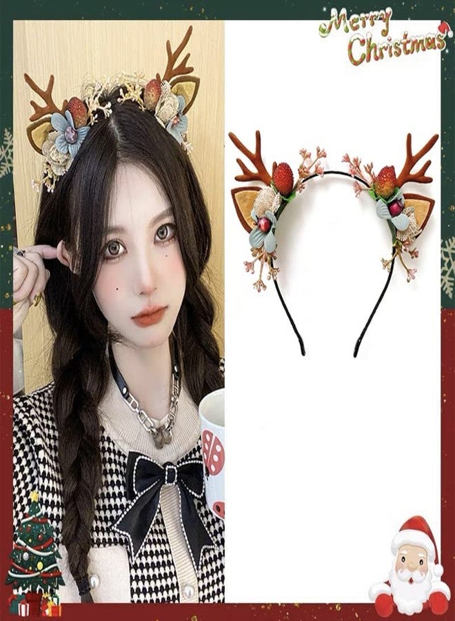 QUUPY Christmas Deer Antlers Flower Berry Headband Crown Floral Headband Christmas Boho Headdress Party Headwear Hair Hoop Christmas Hair Accessories for Women Girls - Image 4