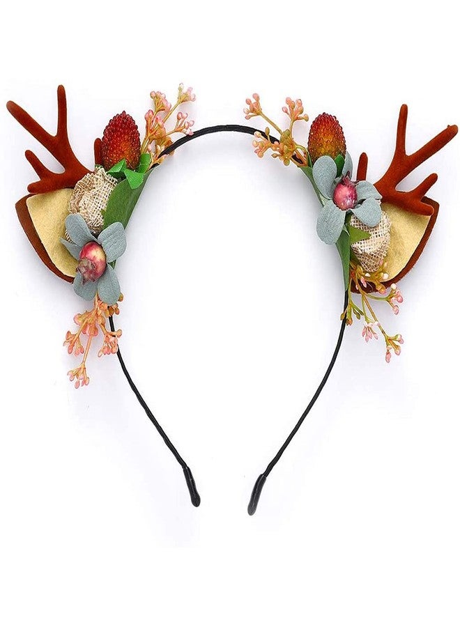 QUUPY Christmas Deer Antlers Flower Berry Headband Crown Floral Headband Christmas Boho Headdress Party Headwear Hair Hoop Christmas Hair Accessories for Women Girls - Image 1