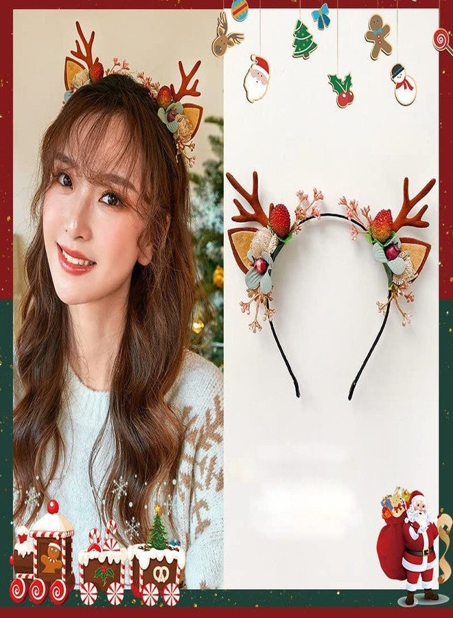 QUUPY Christmas Deer Antlers Flower Berry Headband Crown Floral Headband Christmas Boho Headdress Party Headwear Hair Hoop Christmas Hair Accessories for Women Girls - Image 5