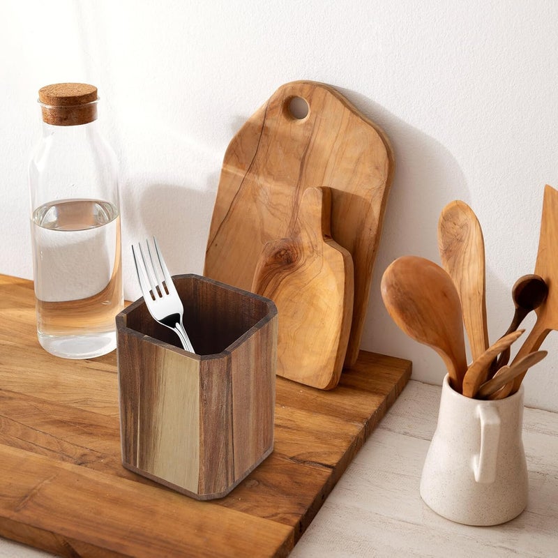 Wooden Cutlery Holder and Chopstick Storage Box Small Acacia Wood Spoon Organizer for Kitchen Countertop Tableware Utensil Crock Container Home Cooking Storage - Image 3